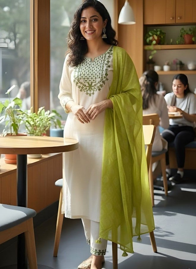 Women Basket HERE&NOW Women Ethnic Motifs Embroidered Regular Thread Work Pure Cotton Kurta with Trousers & With Dupatta - Image 1